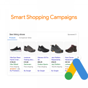 Example smart shopping campaign from Germany of hiking boots with the Google Ads logo next to it