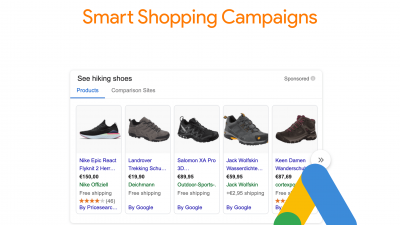 Example smart shopping campaign from Germany of hiking boots with the Google Ads logo next to it