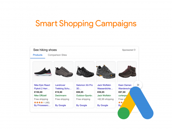 Example smart shopping campaign from Germany of hiking boots with the Google Ads logo next to it