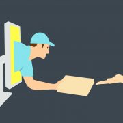a graphic of a man coming out of a computer handing a package to a person's hand