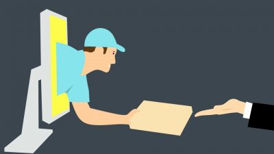 a graphic of a man coming out of a computer handing a package to a person's hand