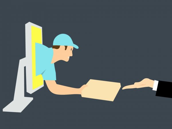 a graphic of a man coming out of a computer handing a package to a person's hand