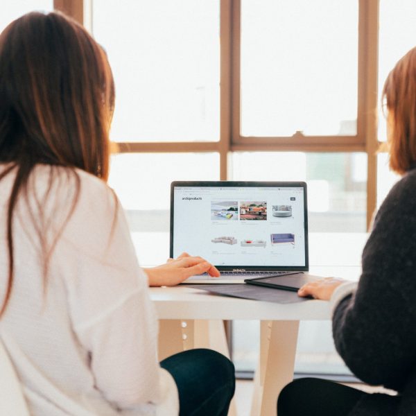two women looking at an ecommerce shop on a laptop